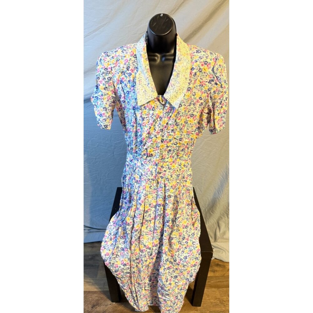 Vintage Karin Stevens Floral 80s Style Office Dress Womens 14 Large Shoulder Pad